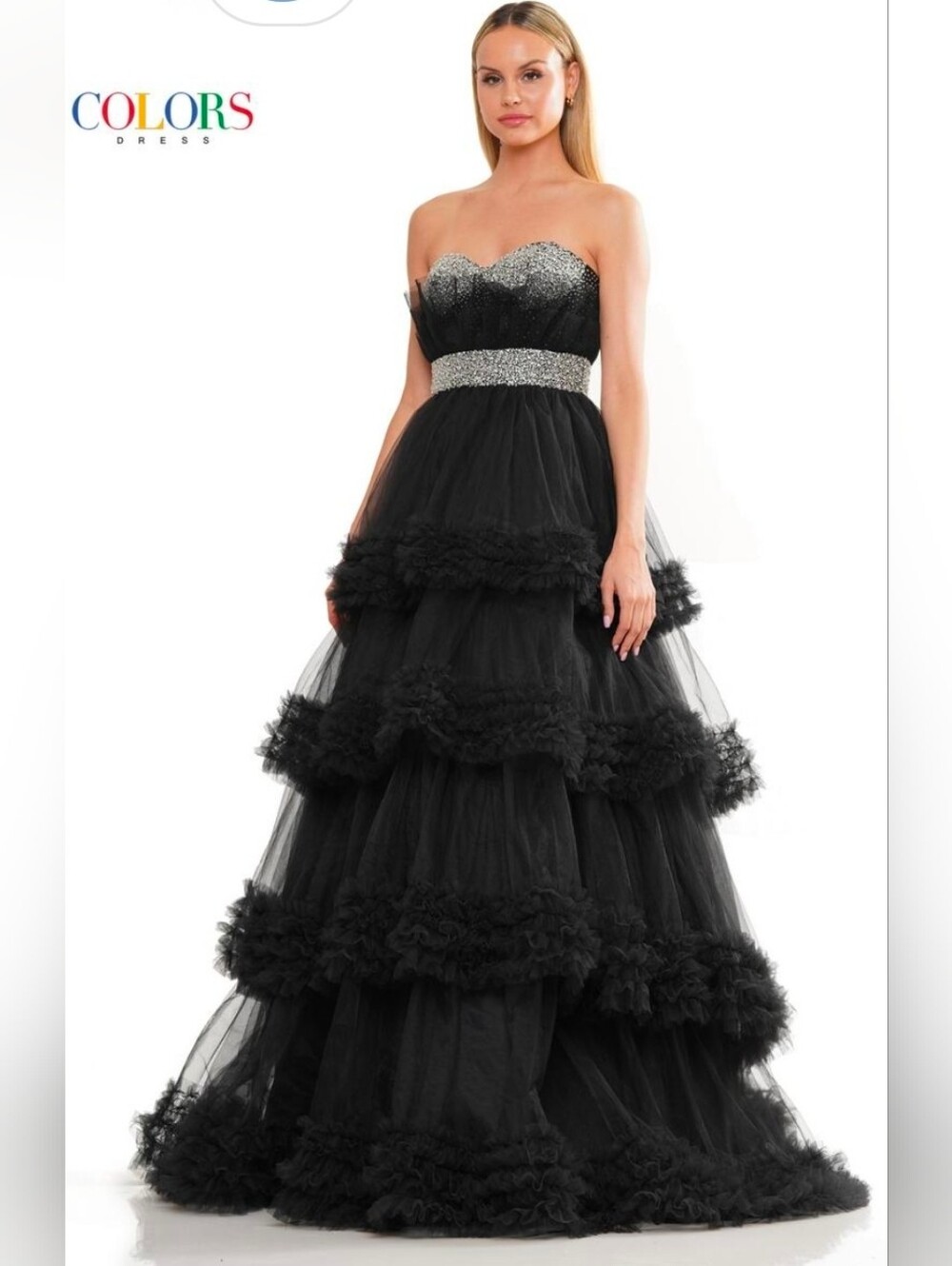 Colors Brand Black Beaded Strapless Tulle Sweetheart Maxi Dress Size 4 #3245